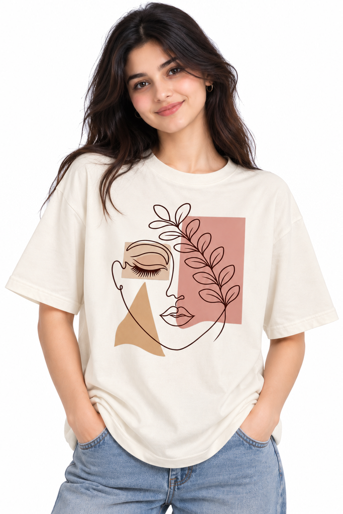 [ANB-ABFC-OFWT-S] ANIBA Women's Abstract Face oversized Printed T-Shirts (S, Off White)